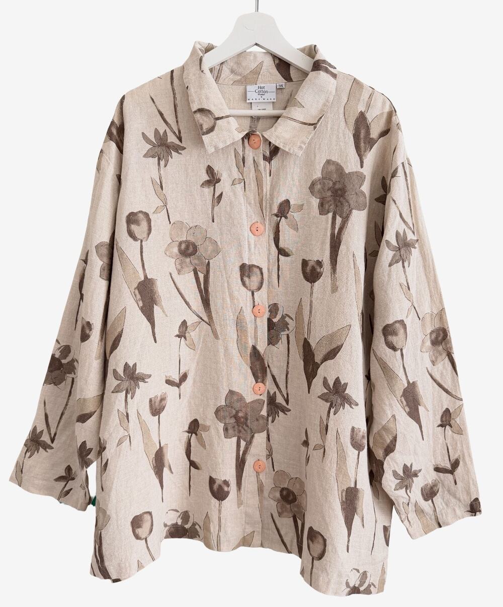 Hot Cotton 100% Linen 3X Tulip Floral Print Button Front Lagenlook Artsy Relaxed